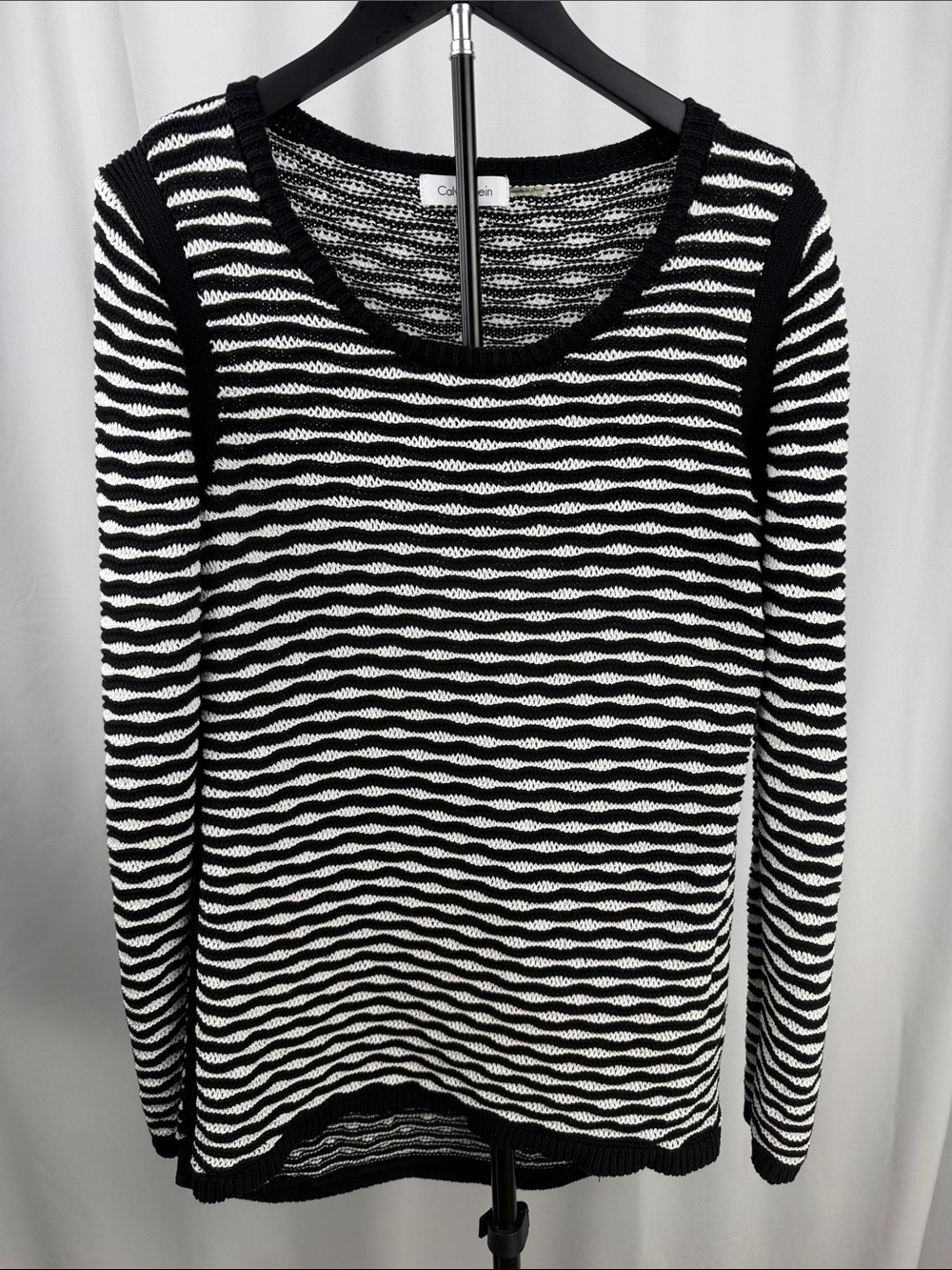 Calvin Klein Black and White Striped Lightweight Knit Long Sleeve Top